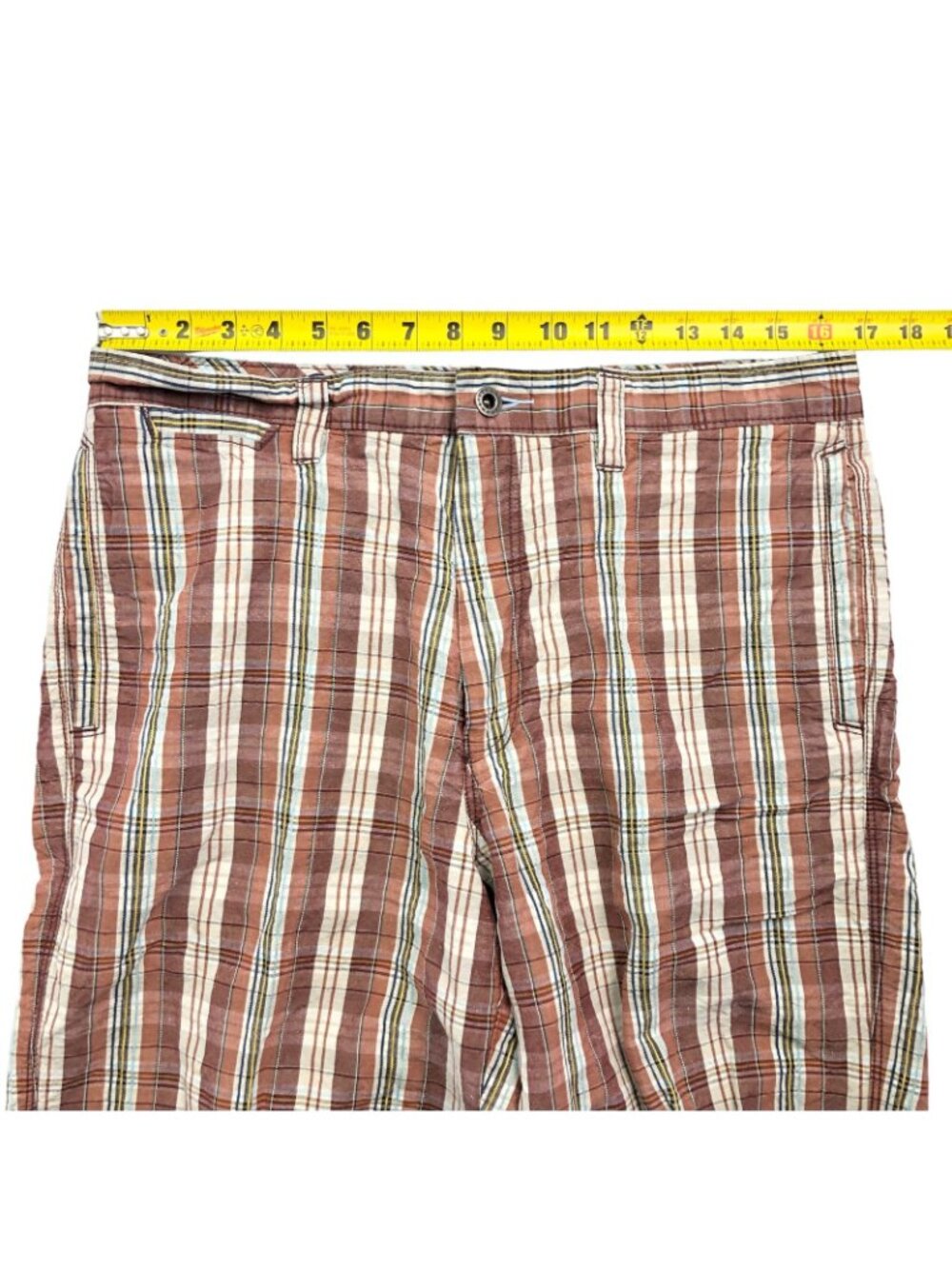Tommy Bahama Men's Linen/Silk Flat Front Shorts Brown/Teal Plaid • Size 33 - Picture 5 of 7